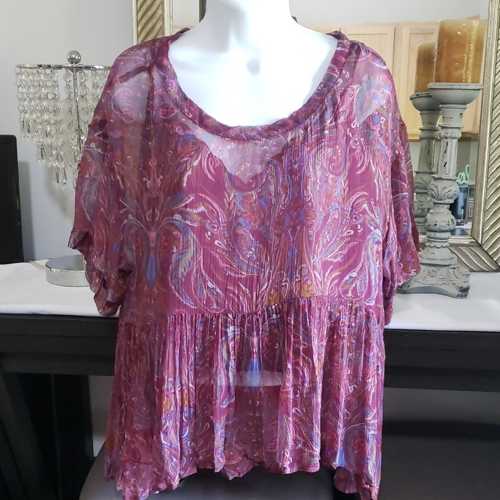 Free People Paisley Sheer Blouse - Burgundy